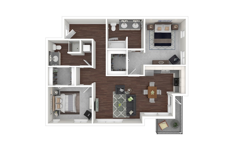 2 Bedroom 1 2 - 2 bedroom floorplan layout with 2 baths and 968 to 970 square feet.
