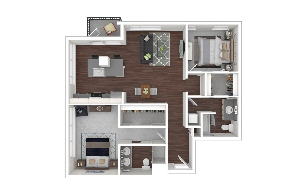 2 Bedroom 1L - 2 bedroom floorplan layout with 2 baths and 1199 square feet.