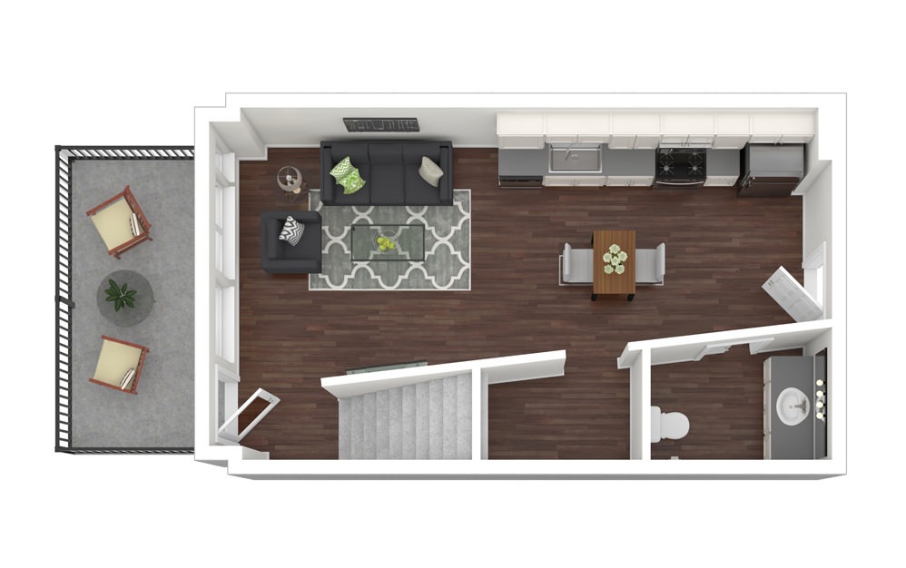 1 Bed Townhome 2 - 1 bedroom floorplan layout with 1 bath and 711 square feet. (Floor 1)