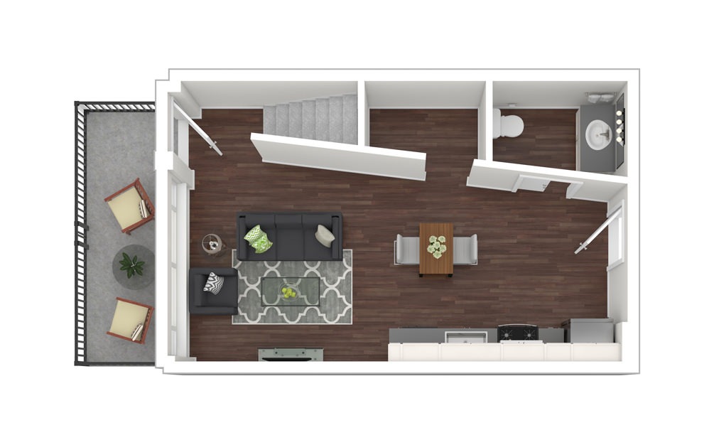 1 Bed Townhome 3 - 1 bedroom floorplan layout with 1 bath and 733 square feet. (Floor 1)