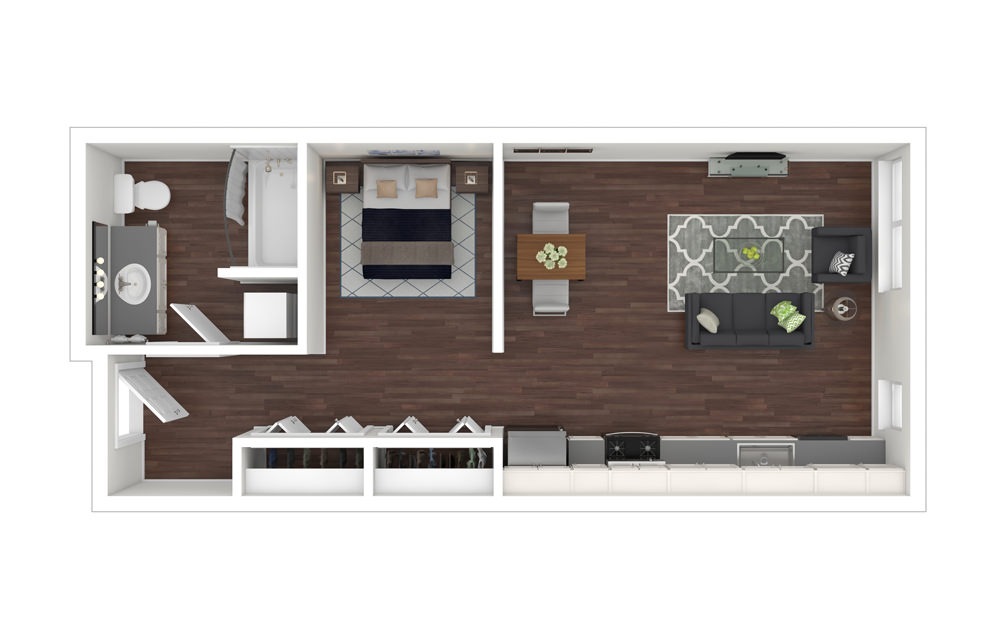 Studio 3 - Studio floorplan layout with 1 bath and 582 square feet.