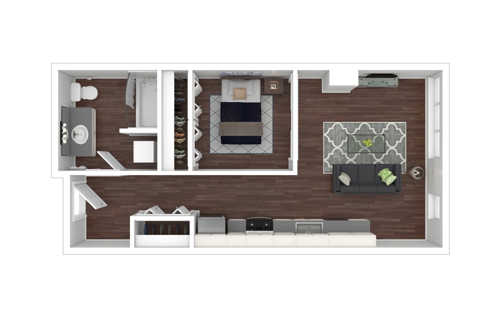 Urban One 3 4 - 1 bedroom floorplan layout with 1 bath and 564 to 582 square feet.