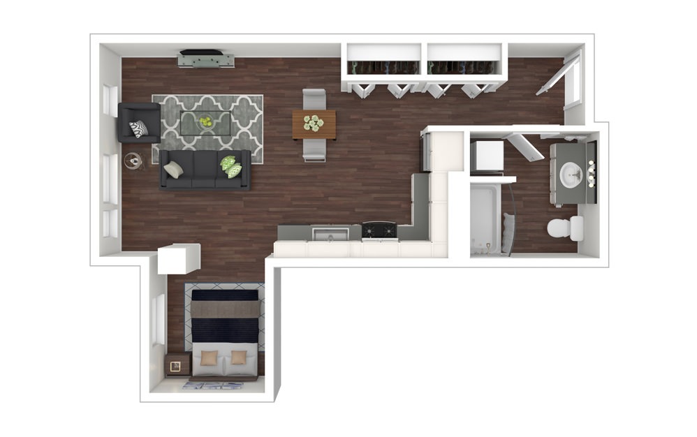 Urban One 5 - 1 bedroom floorplan layout with 1 bath and 597 square feet.